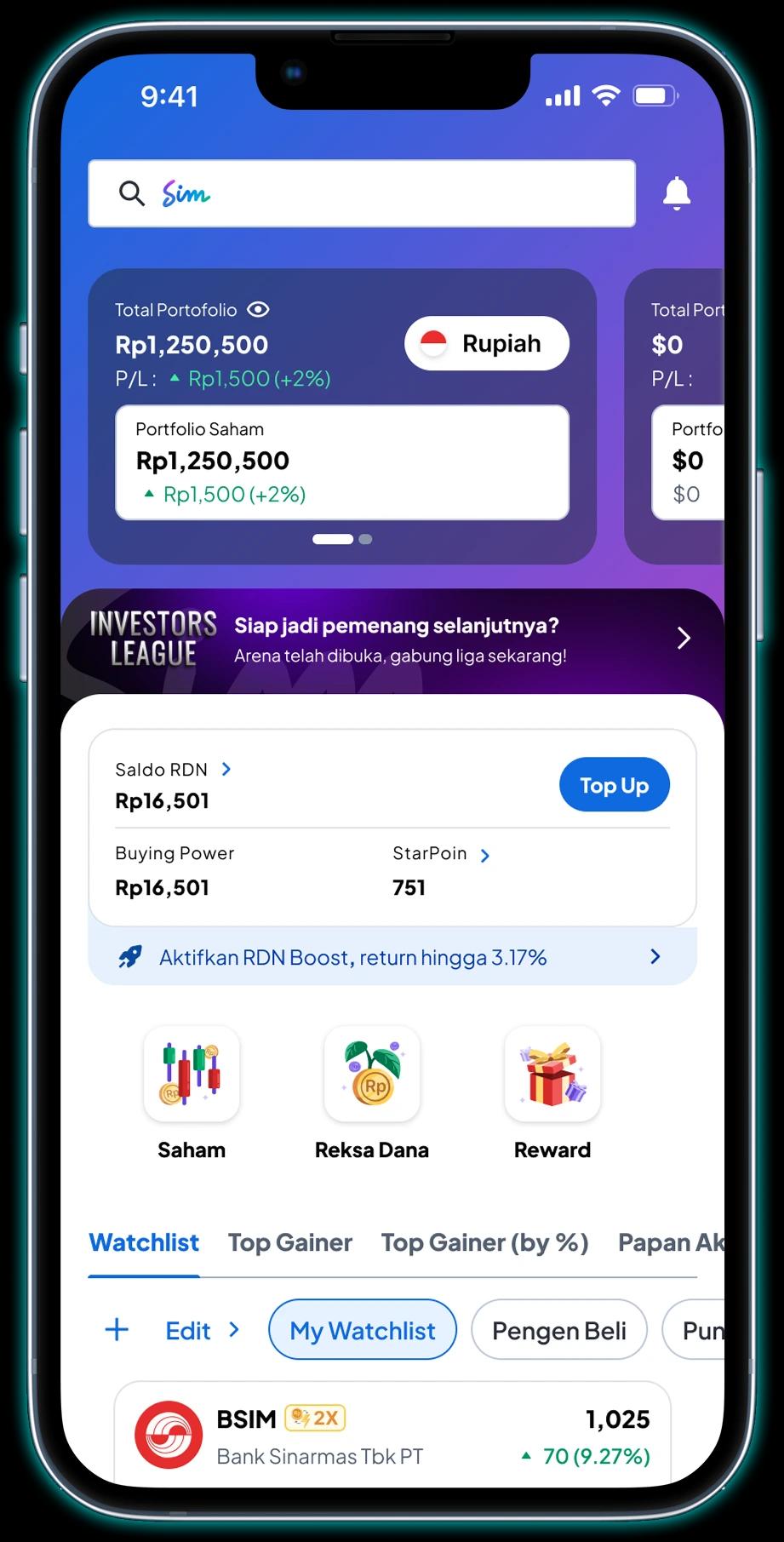 2. Pilih banner “Investors League” pada aplikasi 